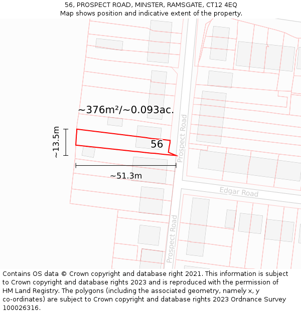 56, PROSPECT ROAD, MINSTER, RAMSGATE, CT12 4EQ: Plot and title map