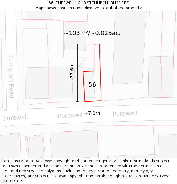 56, PUREWELL, CHRISTCHURCH, BH23 1ES: Plot and title map