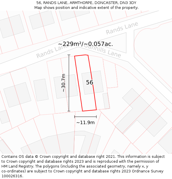 56, RANDS LANE, ARMTHORPE, DONCASTER, DN3 3DY: Plot and title map