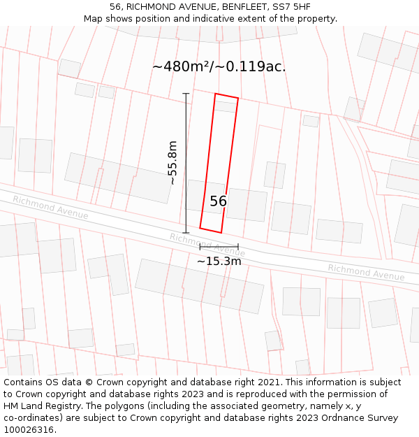 56, RICHMOND AVENUE, BENFLEET, SS7 5HF: Plot and title map