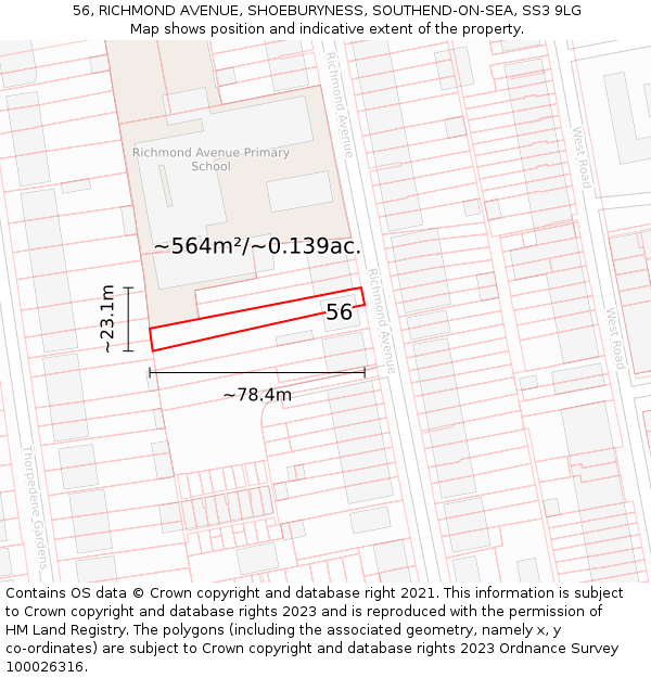 56, RICHMOND AVENUE, SHOEBURYNESS, SOUTHEND-ON-SEA, SS3 9LG: Plot and title map