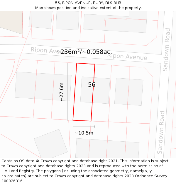 56, RIPON AVENUE, BURY, BL9 8HR: Plot and title map