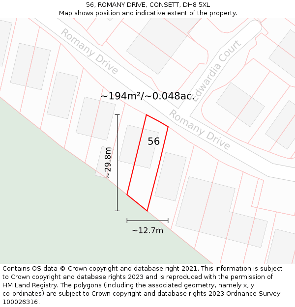 56, ROMANY DRIVE, CONSETT, DH8 5XL: Plot and title map