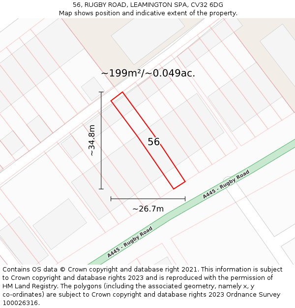 56, RUGBY ROAD, LEAMINGTON SPA, CV32 6DG: Plot and title map