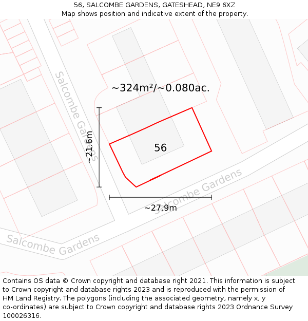 56, SALCOMBE GARDENS, GATESHEAD, NE9 6XZ: Plot and title map