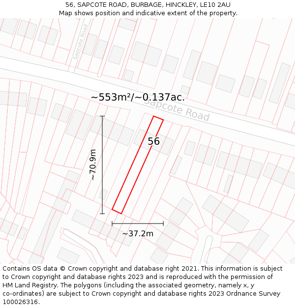 56, SAPCOTE ROAD, BURBAGE, HINCKLEY, LE10 2AU: Plot and title map