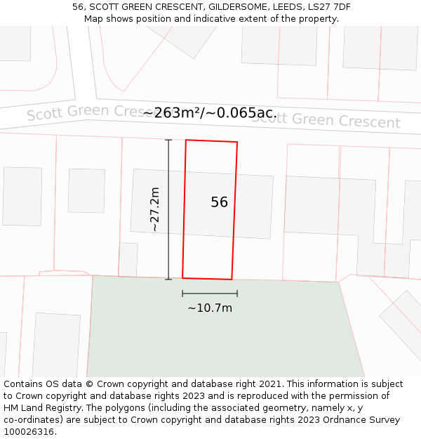 56, SCOTT GREEN CRESCENT, GILDERSOME, LEEDS, LS27 7DF: Plot and title map