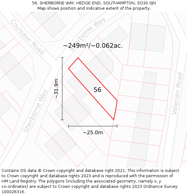 56, SHERBORNE WAY, HEDGE END, SOUTHAMPTON, SO30 0JN: Plot and title map