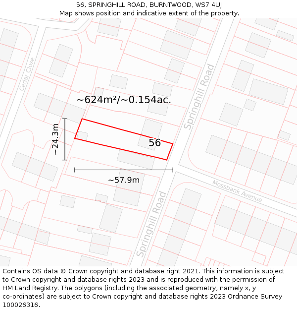 56, SPRINGHILL ROAD, BURNTWOOD, WS7 4UJ: Plot and title map