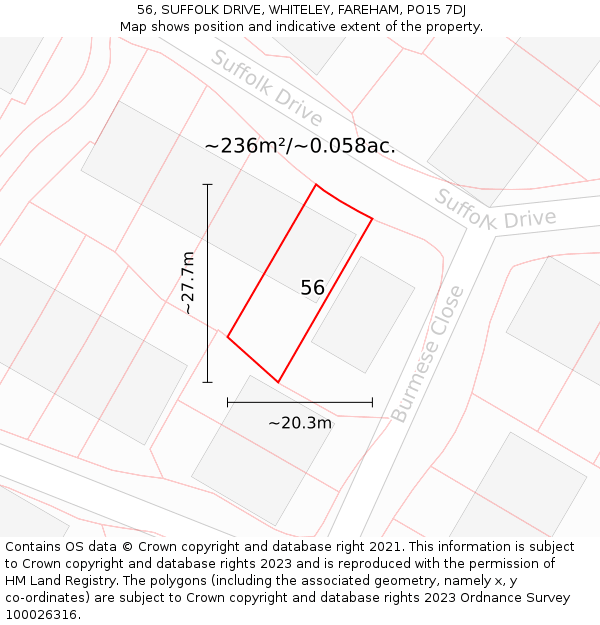 56, SUFFOLK DRIVE, WHITELEY, FAREHAM, PO15 7DJ: Plot and title map