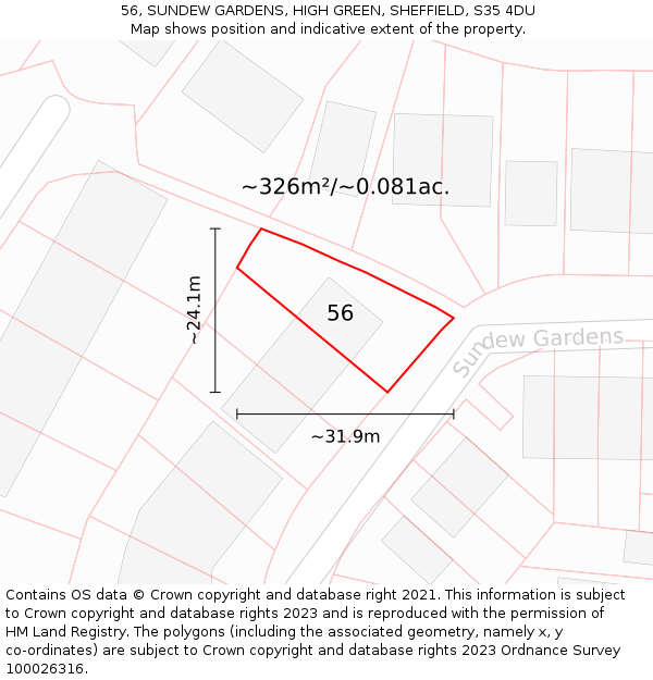 56, SUNDEW GARDENS, HIGH GREEN, SHEFFIELD, S35 4DU: Plot and title map