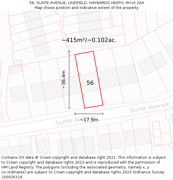 56, SUNTE AVENUE, LINDFIELD, HAYWARDS HEATH, RH16 2AA: Plot and title map