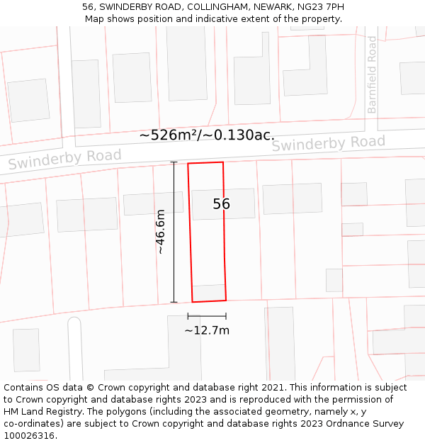 56, SWINDERBY ROAD, COLLINGHAM, NEWARK, NG23 7PH: Plot and title map