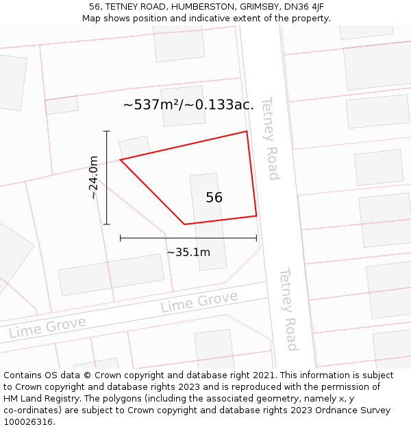 56, TETNEY ROAD, HUMBERSTON, GRIMSBY, DN36 4JF: Plot and title map