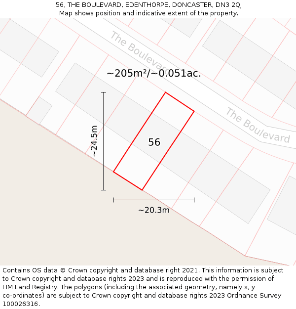 56, THE BOULEVARD, EDENTHORPE, DONCASTER, DN3 2QJ: Plot and title map