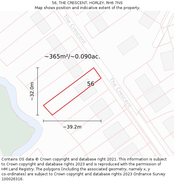 56, THE CRESCENT, HORLEY, RH6 7NS: Plot and title map