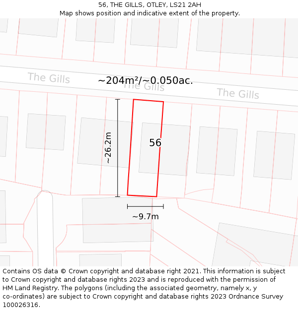 56, THE GILLS, OTLEY, LS21 2AH: Plot and title map