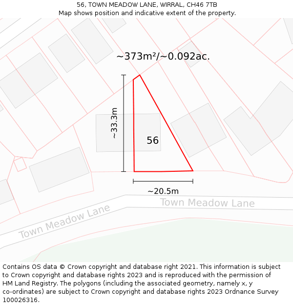 56, TOWN MEADOW LANE, WIRRAL, CH46 7TB: Plot and title map