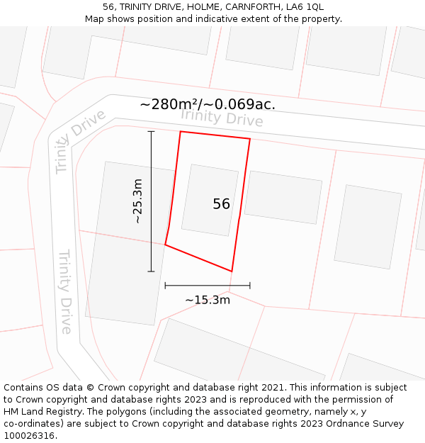 56, TRINITY DRIVE, HOLME, CARNFORTH, LA6 1QL: Plot and title map