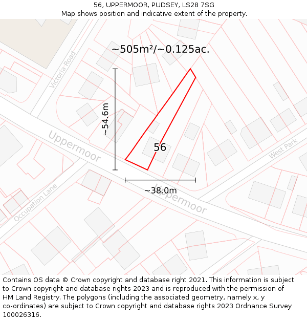 56, UPPERMOOR, PUDSEY, LS28 7SG: Plot and title map