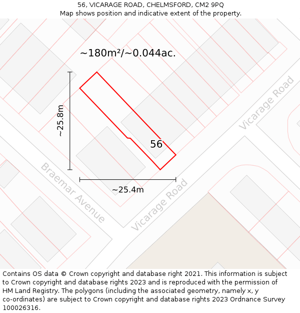 56, VICARAGE ROAD, CHELMSFORD, CM2 9PQ: Plot and title map