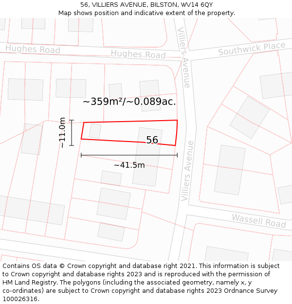 56, VILLIERS AVENUE, BILSTON, WV14 6QY: Plot and title map