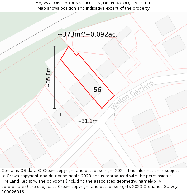 56, WALTON GARDENS, HUTTON, BRENTWOOD, CM13 1EP: Plot and title map