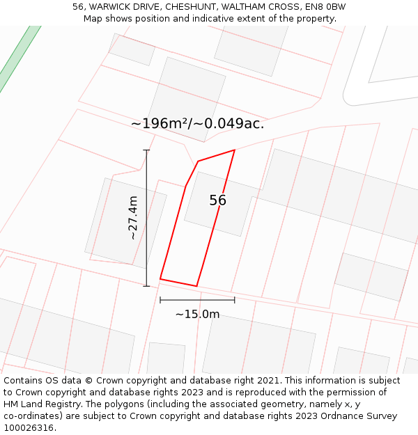 56, WARWICK DRIVE, CHESHUNT, WALTHAM CROSS, EN8 0BW: Plot and title map