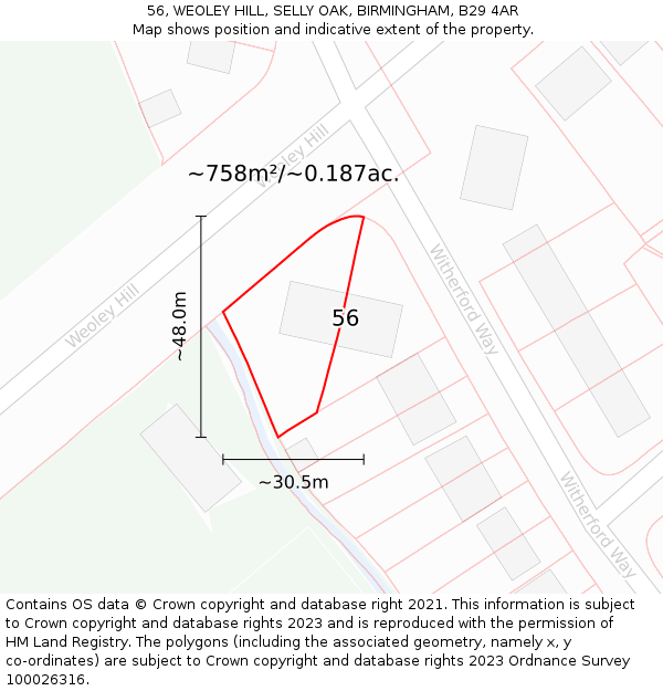 56, WEOLEY HILL, SELLY OAK, BIRMINGHAM, B29 4AR: Plot and title map