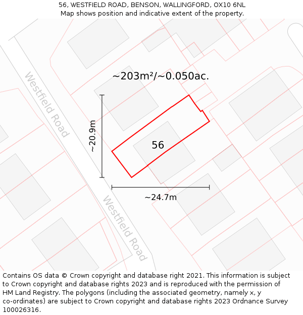 56, WESTFIELD ROAD, BENSON, WALLINGFORD, OX10 6NL: Plot and title map