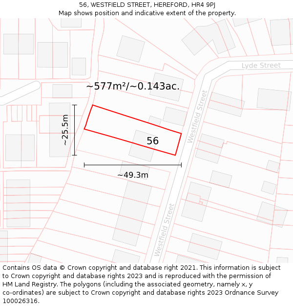 56, WESTFIELD STREET, HEREFORD, HR4 9PJ: Plot and title map