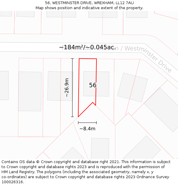 56, WESTMINSTER DRIVE, WREXHAM, LL12 7AU: Plot and title map