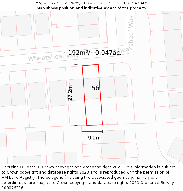 56, WHEATSHEAF WAY, CLOWNE, CHESTERFIELD, S43 4FA: Plot and title map