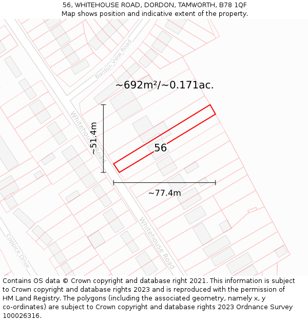 56, WHITEHOUSE ROAD, DORDON, TAMWORTH, B78 1QF: Plot and title map