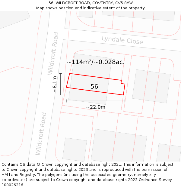 56, WILDCROFT ROAD, COVENTRY, CV5 8AW: Plot and title map