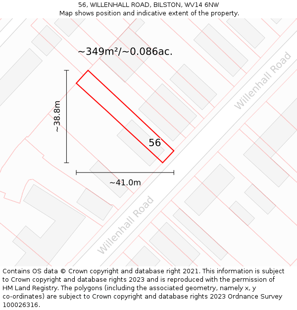 56, WILLENHALL ROAD, BILSTON, WV14 6NW: Plot and title map