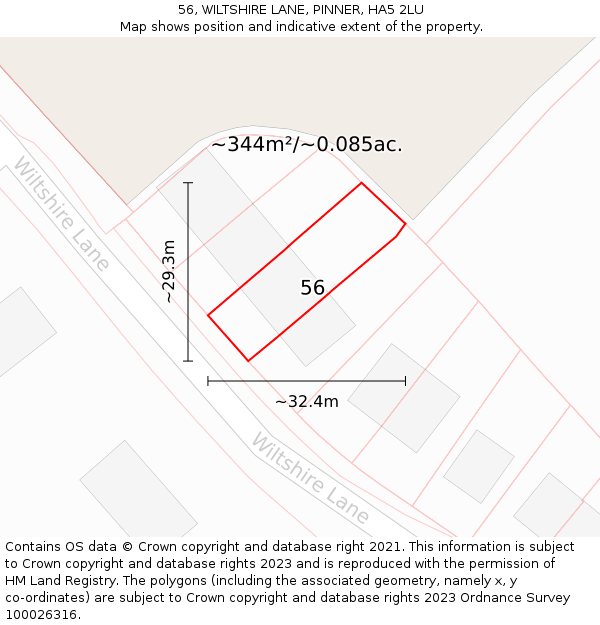 56, WILTSHIRE LANE, PINNER, HA5 2LU: Plot and title map