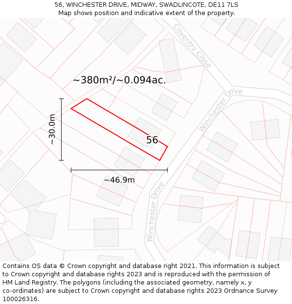 56, WINCHESTER DRIVE, MIDWAY, SWADLINCOTE, DE11 7LS: Plot and title map