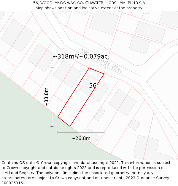 56, WOODLANDS WAY, SOUTHWATER, HORSHAM, RH13 9JA: Plot and title map