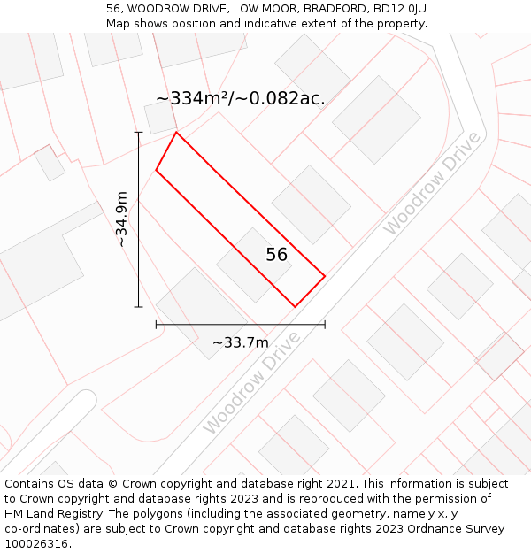 56, WOODROW DRIVE, LOW MOOR, BRADFORD, BD12 0JU: Plot and title map