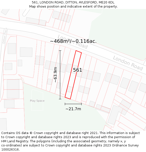 561, LONDON ROAD, DITTON, AYLESFORD, ME20 6DL: Plot and title map