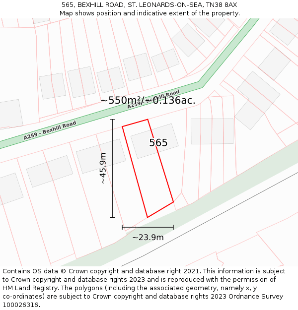 565, BEXHILL ROAD, ST. LEONARDS-ON-SEA, TN38 8AX: Plot and title map