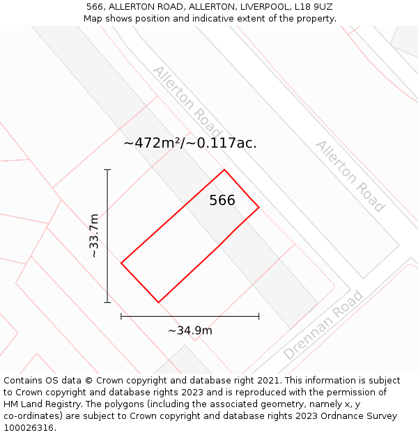 566, ALLERTON ROAD, ALLERTON, LIVERPOOL, L18 9UZ: Plot and title map