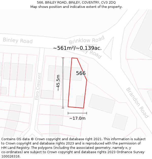 566, BINLEY ROAD, BINLEY, COVENTRY, CV3 2DQ: Plot and title map