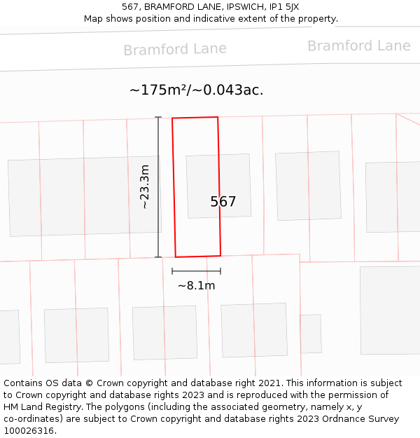 567, BRAMFORD LANE, IPSWICH, IP1 5JX: Plot and title map