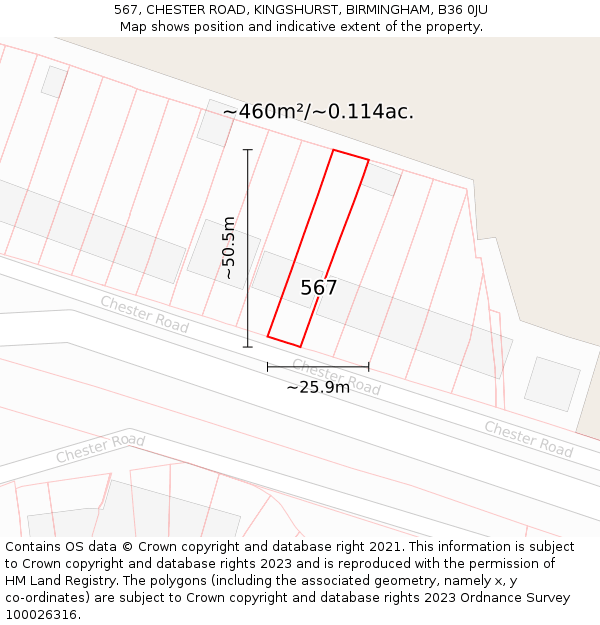 567, CHESTER ROAD, KINGSHURST, BIRMINGHAM, B36 0JU: Plot and title map