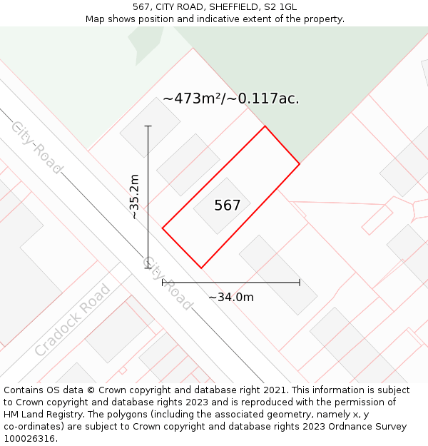 567, CITY ROAD, SHEFFIELD, S2 1GL: Plot and title map