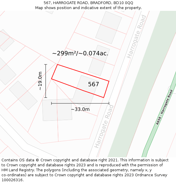 567, HARROGATE ROAD, BRADFORD, BD10 0QQ: Plot and title map