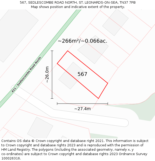 567, SEDLESCOMBE ROAD NORTH, ST. LEONARDS-ON-SEA, TN37 7PB: Plot and title map