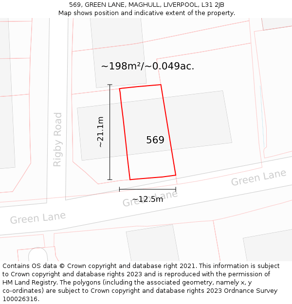 569, GREEN LANE, MAGHULL, LIVERPOOL, L31 2JB: Plot and title map